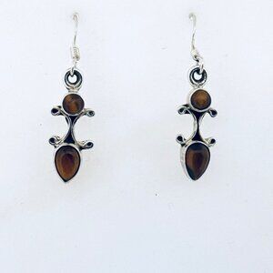 Estate Sterling Silver 925 Tiger Eye Drop Dangle Earrings Hook 3.56g Boho Chic